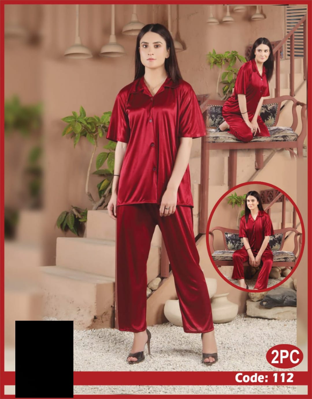 2 PCS SILK BUTTON HOME WEAR NIGHTWEAR SET 112