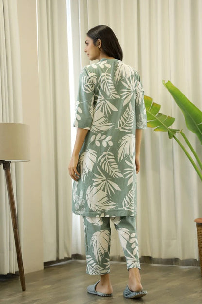 GREEN COTTON PRINTED 3 PEICE NIGHT SUIT SET WITH PYJAMA