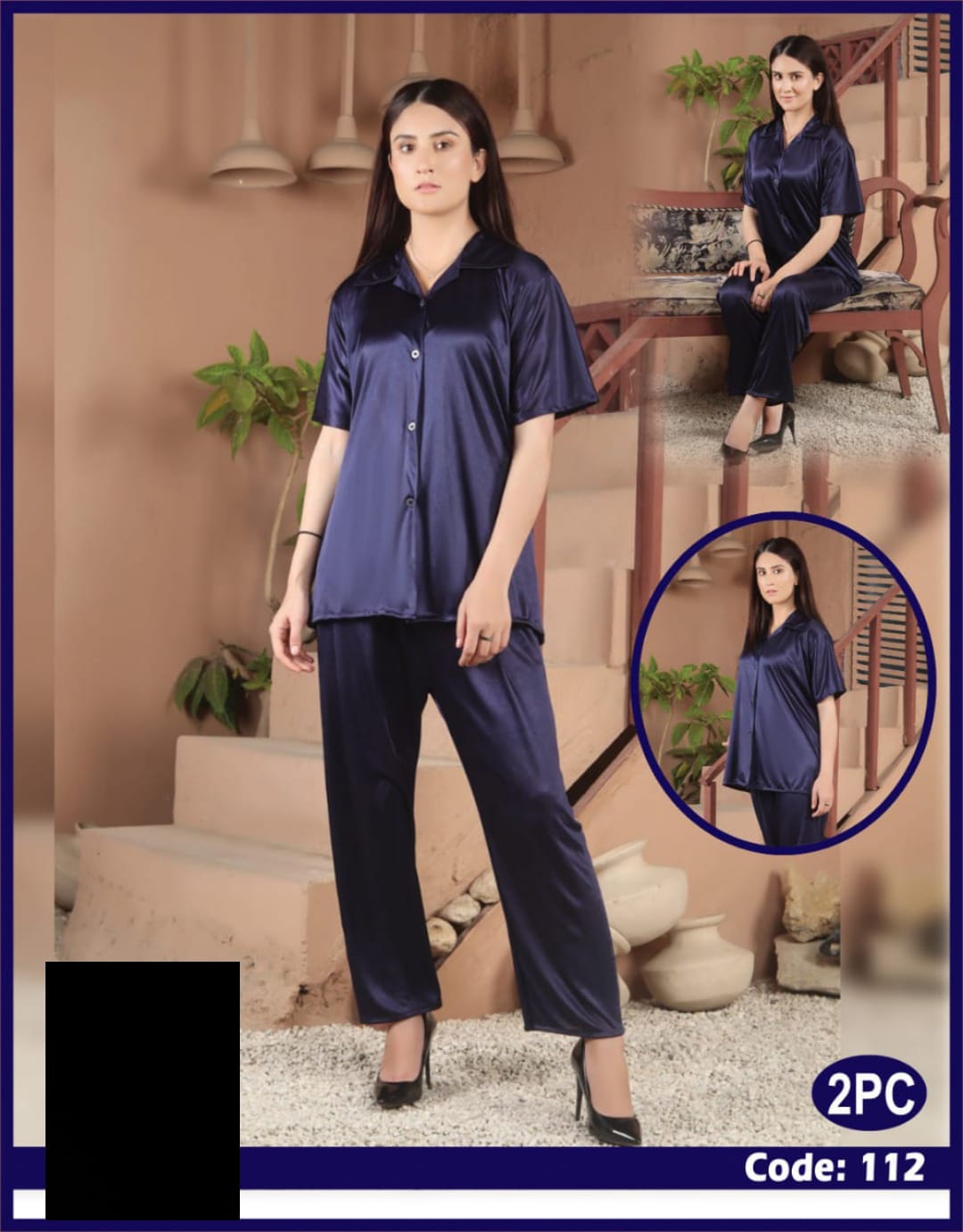 2 PCS SILK BUTTON HOME WEAR NIGHTWEAR SET 112