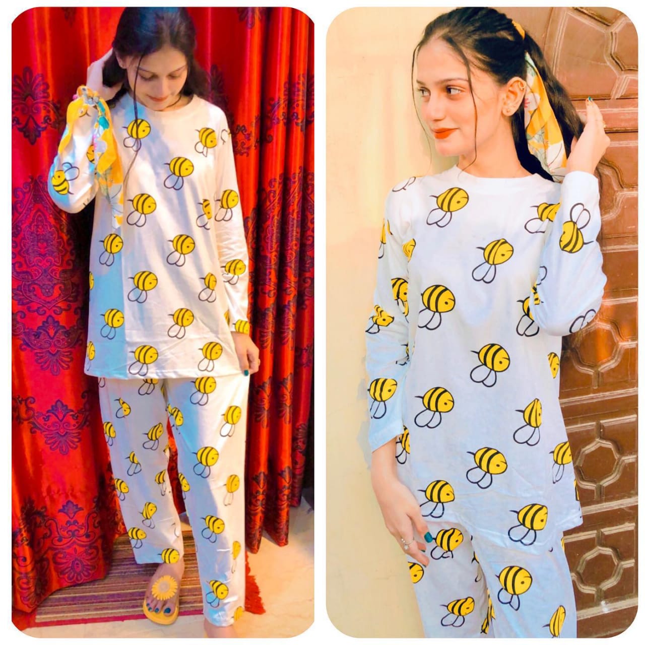 White Full Sleeves Bee Printed Nightwear