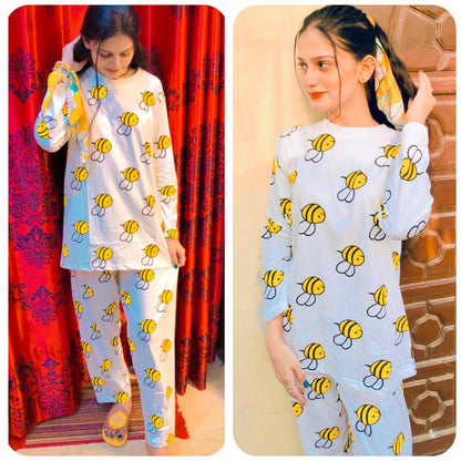 White Full Sleeves Bee Printed Nightwear