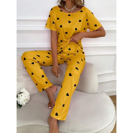 YELLOW HEART HALF SLEEVES PRINTED NIGHTWEAR