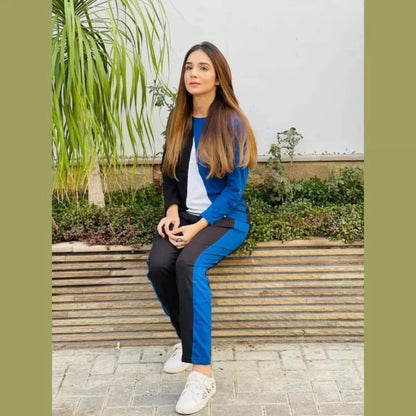 Blue V Contrast Panel Tracksuit For Women