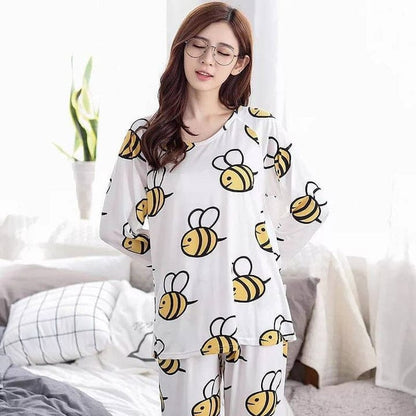 White Full Sleeves Bee Printed Nightwear