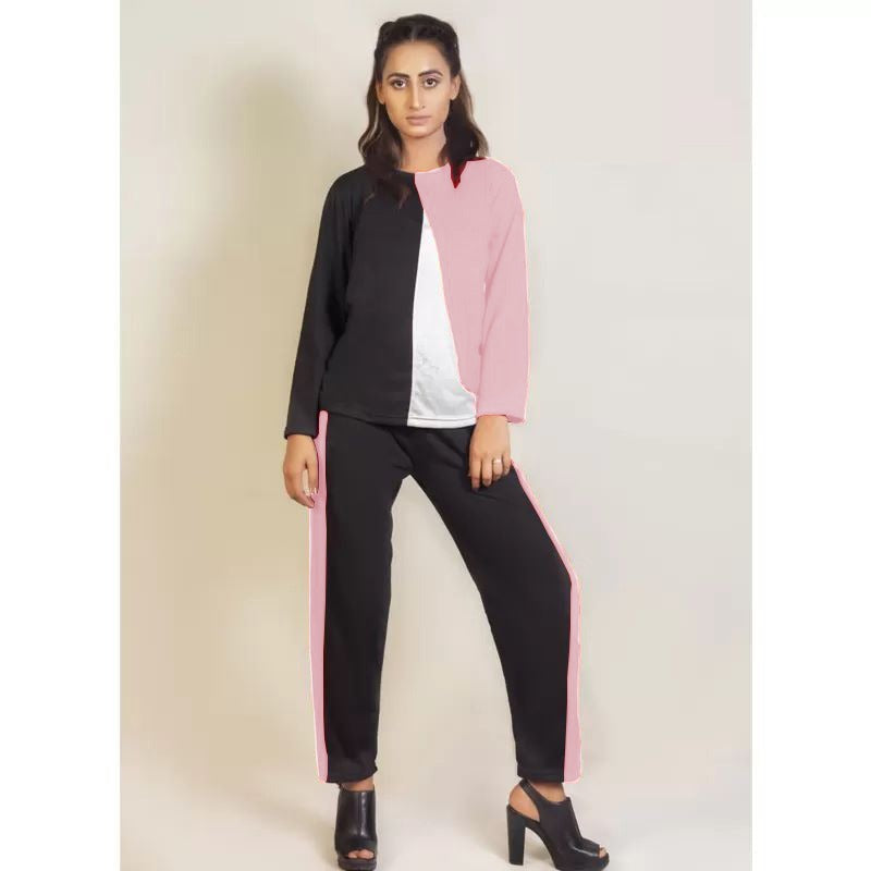 Pink V Contrast Panel Tracksuit For Women