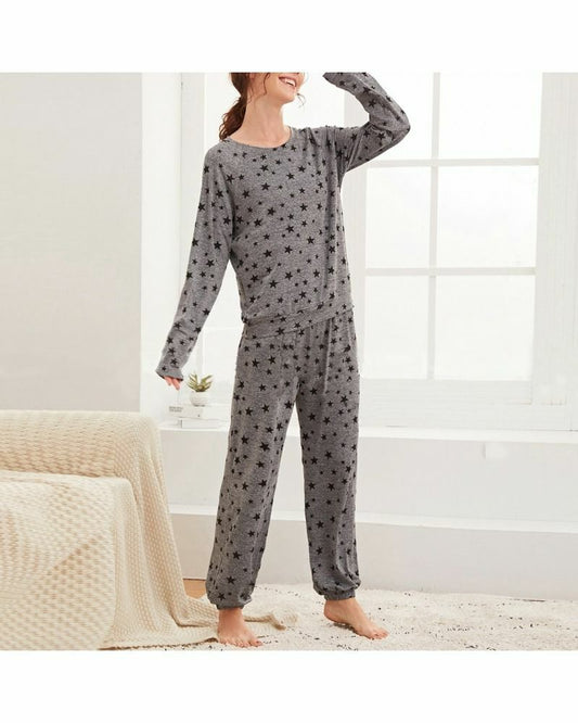 Gray Full Sleeves Star Printed Nightwear