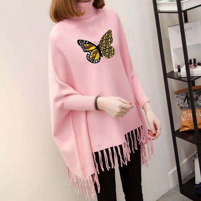 Butterfly Printed Turtleneck Women Pullover Sweater Spring Jumper