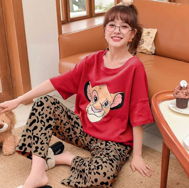 Red - Lion Face Printed Nightwear Set For Women