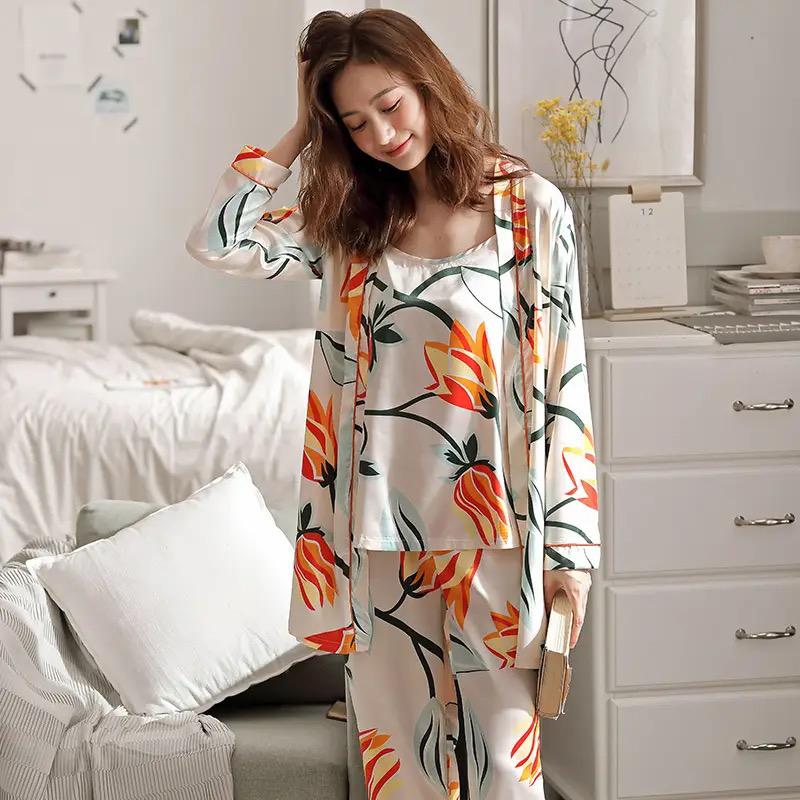 THREE PIECE FLORAL PRINTED ROUND NECK CAMI TOP WITH GOWN & PAJAMA SET