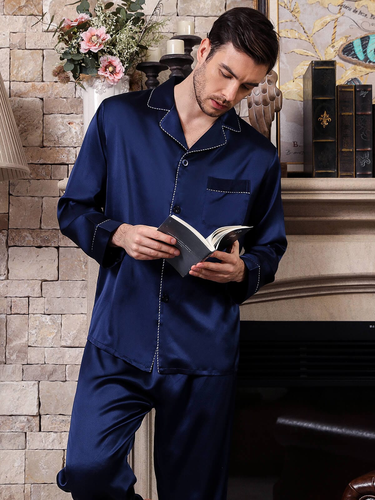 Mens Satin Silk Button Home Wear Set