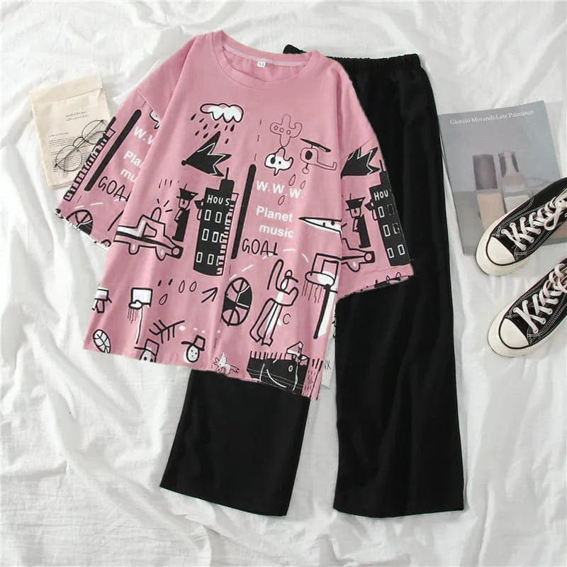 Pink Multi Printed Night Wear (Half Sleeves)