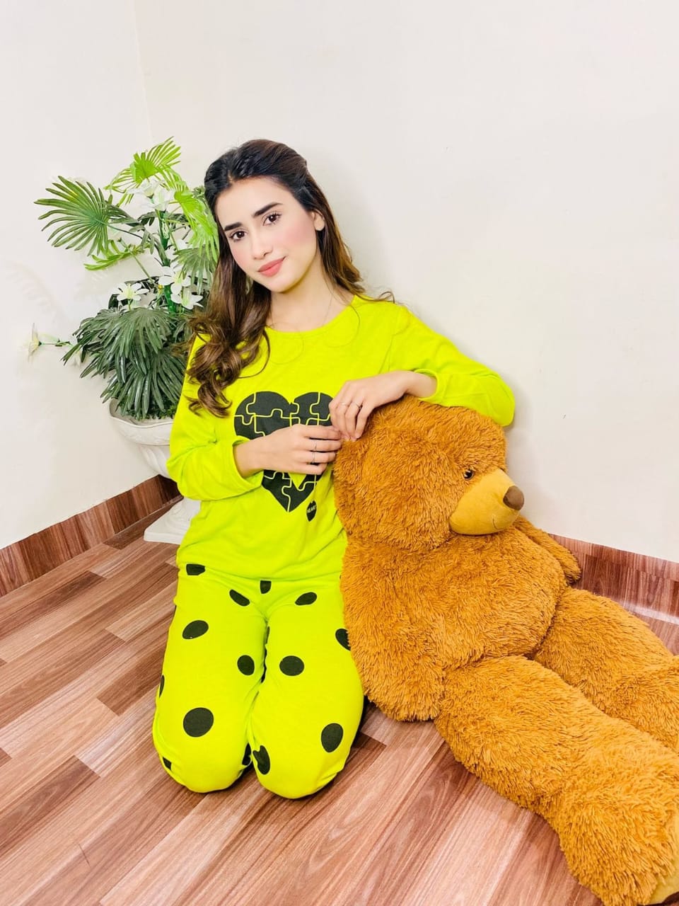 Neon Puzzle Heart Full Sleeves Printed Nightwear